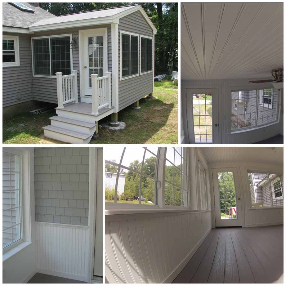 A collage of pictures of a house with a screened in porch