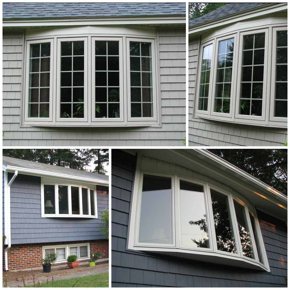 A collage of pictures of a house with a bay window