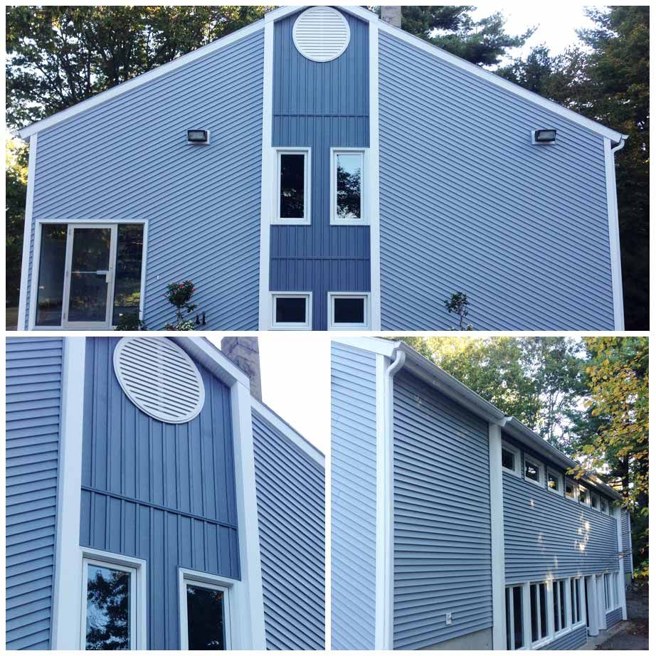 A collage of three pictures of a blue house with white trim