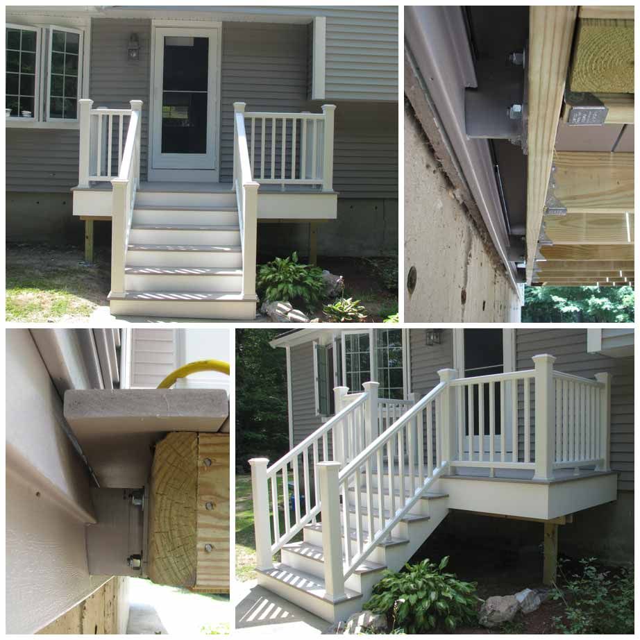 A collage of pictures of a deck and stairs