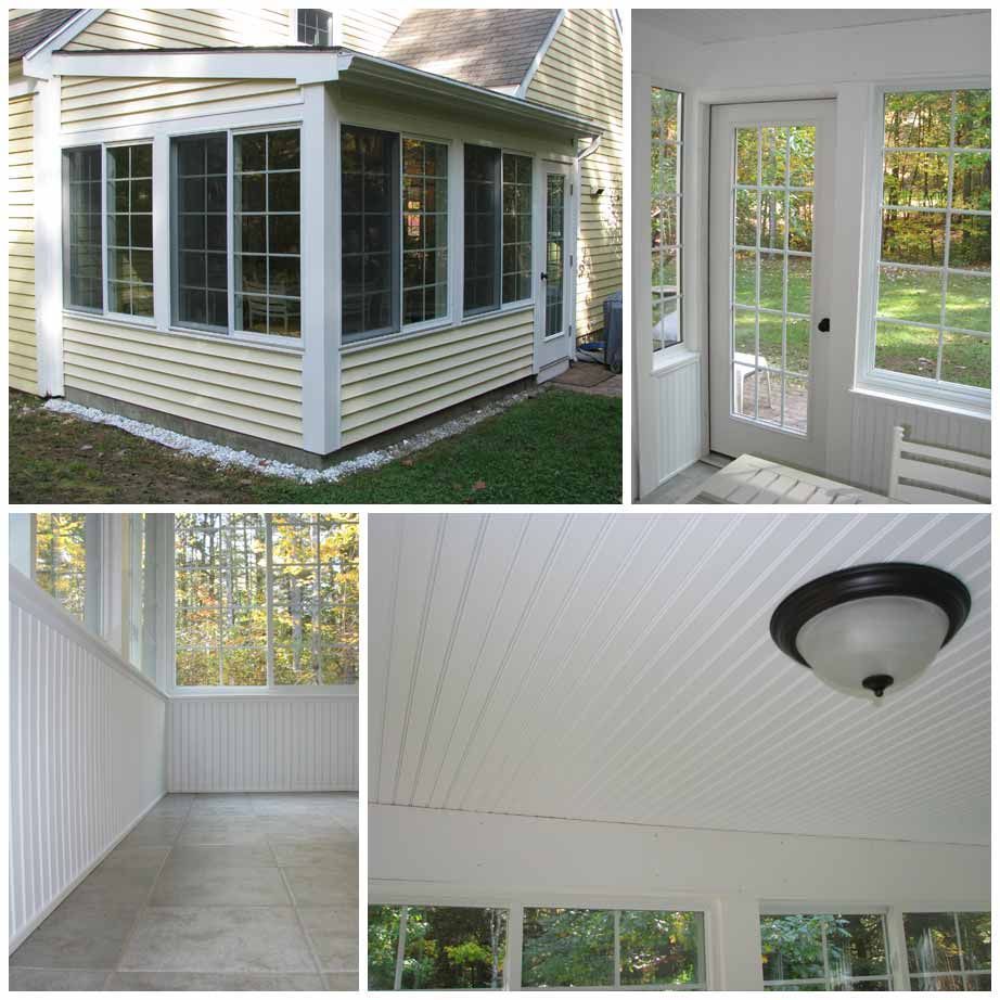 A collage of pictures of a porch with lots of windows