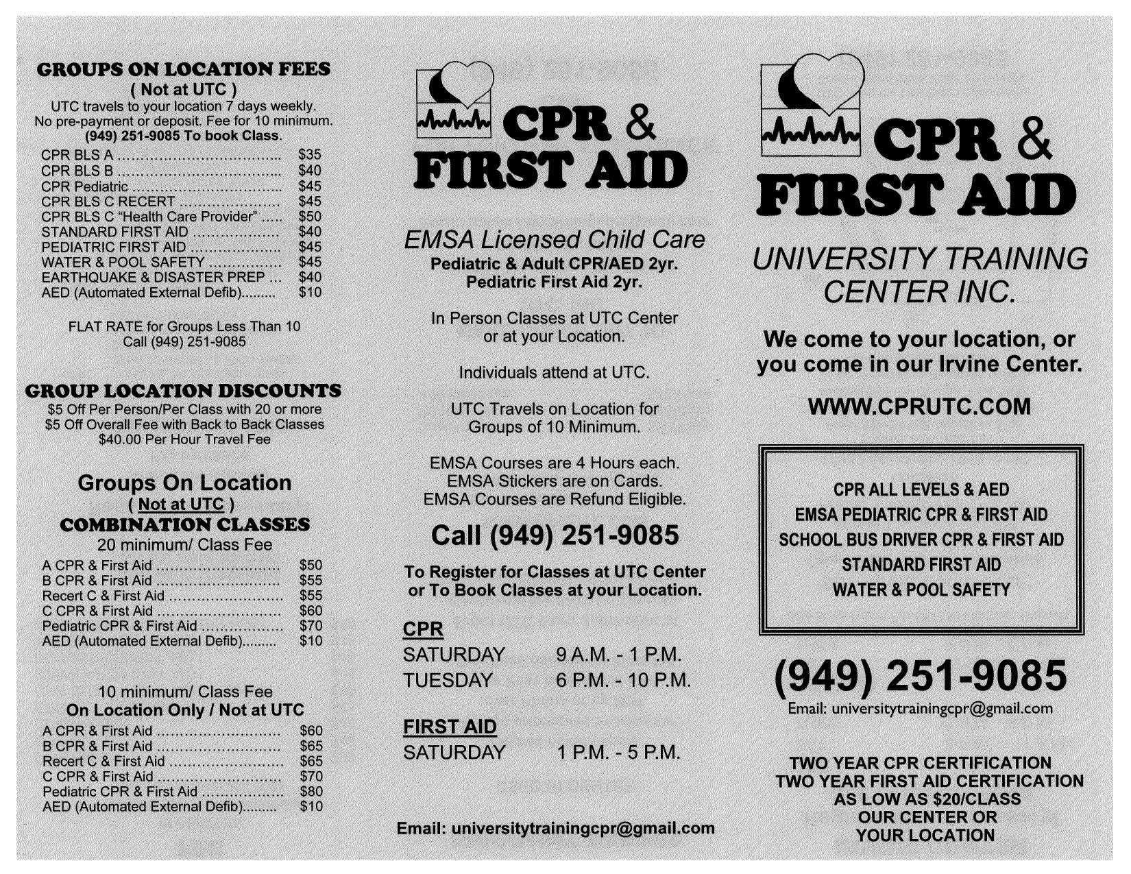CPR & First Aid Brochure — Irvine,CA — University Training Center Inc