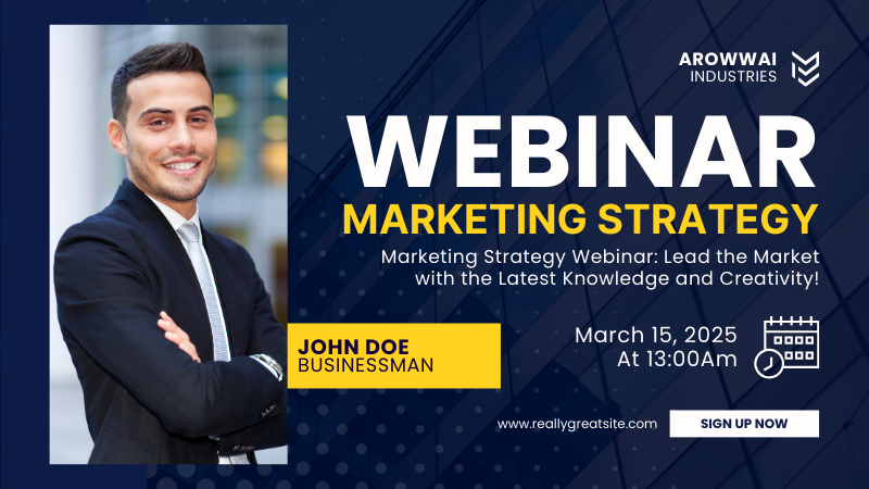 A poster for a webinar on marketing strategy with a man in a suit.