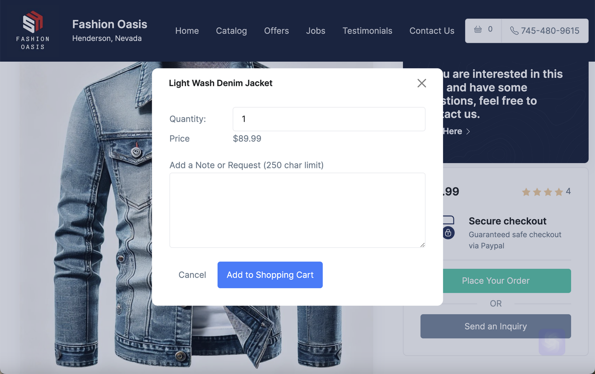 A screenshot of a denim jacket on a website.