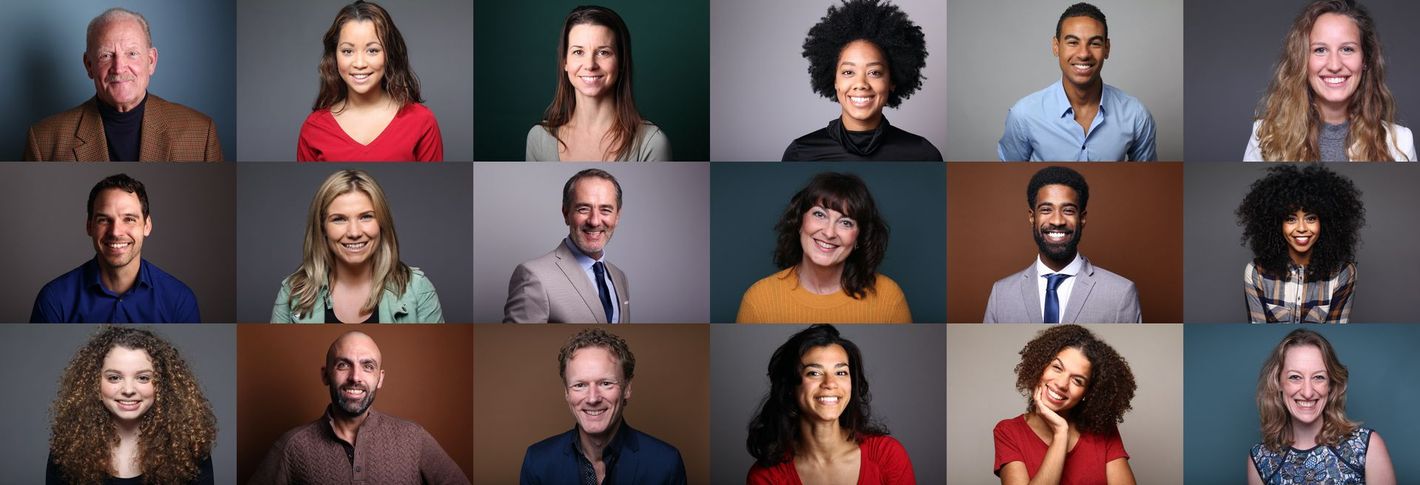 A collage of portraits of a group of people.