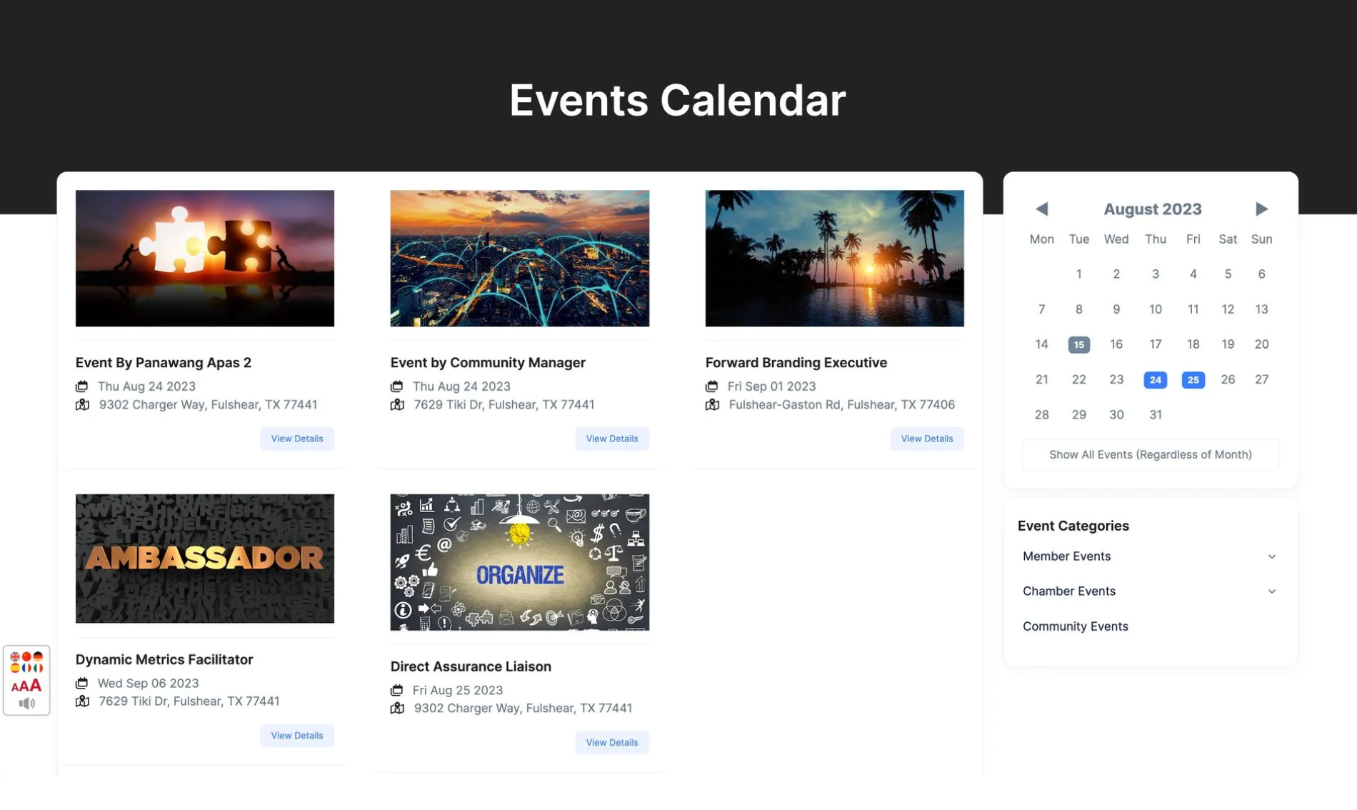 A screenshot of the events calendar on a website.