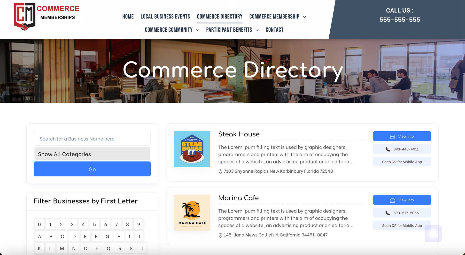 A screenshot of the commerce directory website.