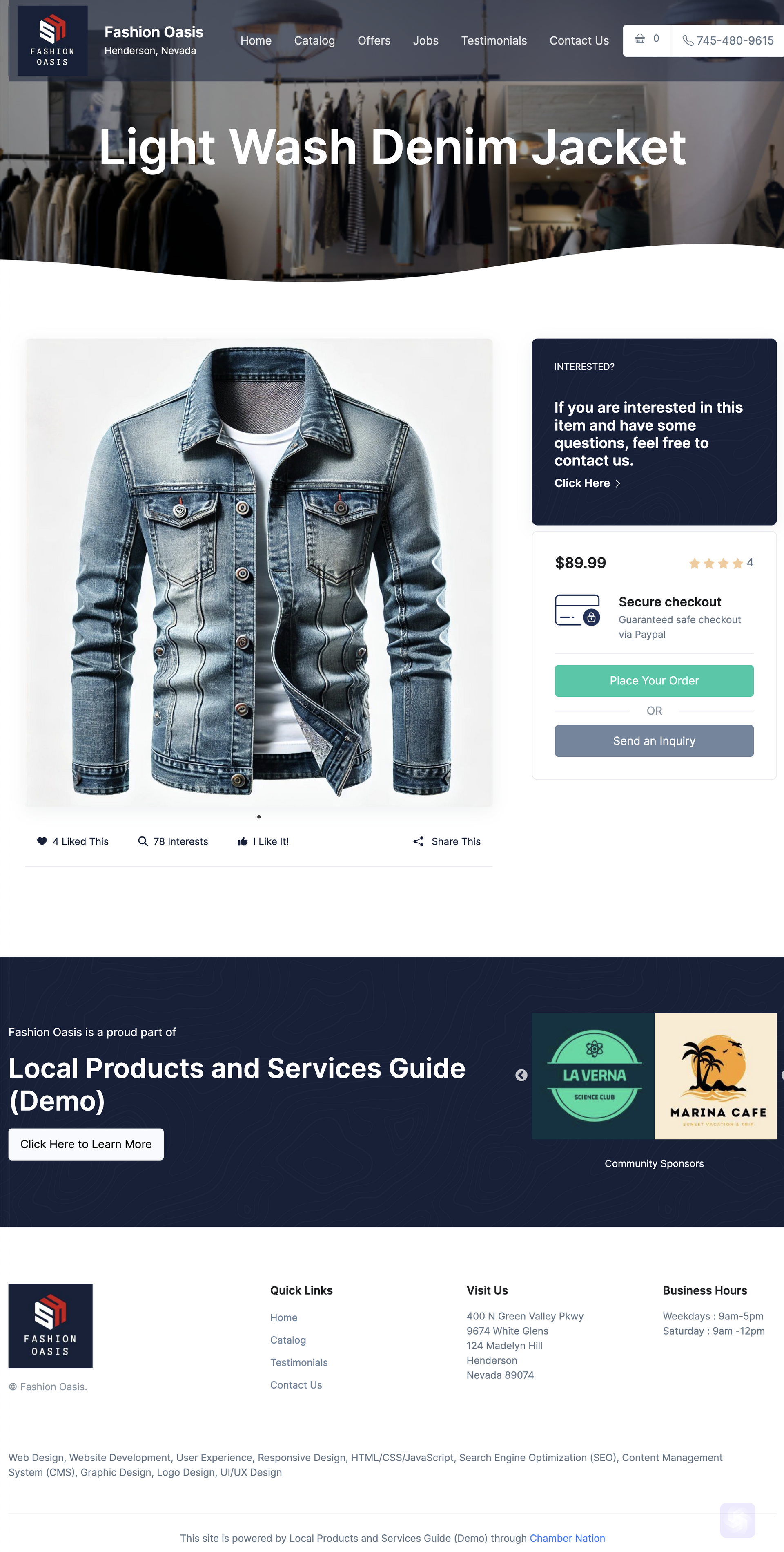 A screenshot of a website for a light wash denim jacket.