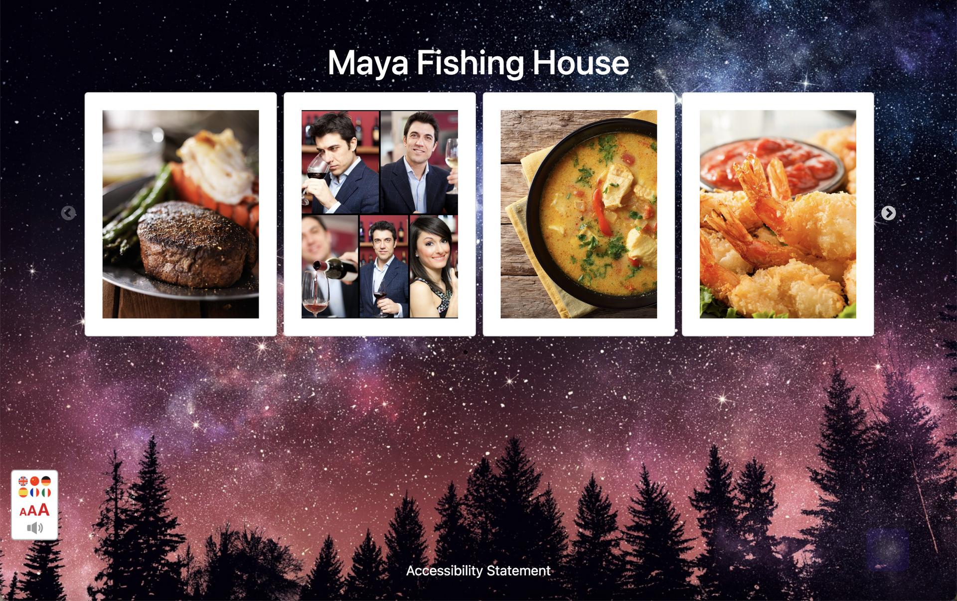 A maya fishing house website with pictures of food and people