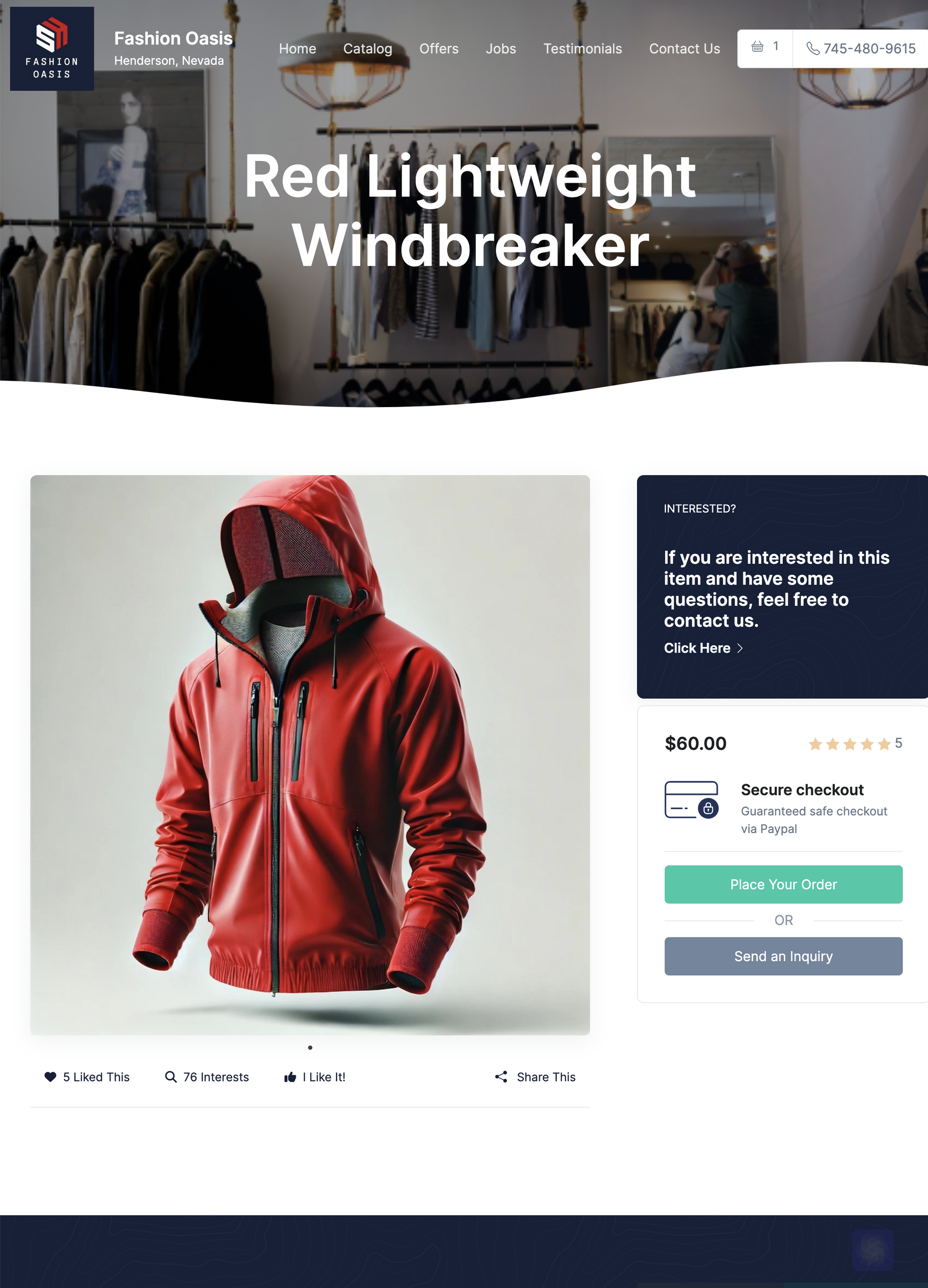 A red lightweight windbreaker is on a website.