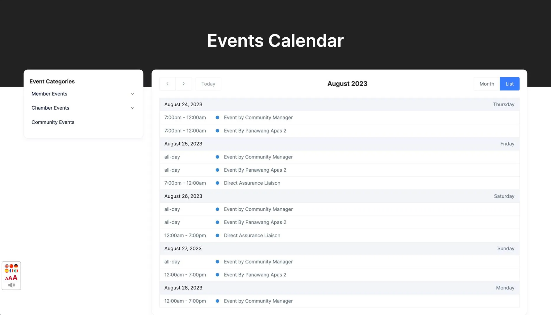 A screenshot of the events calendar on a website.