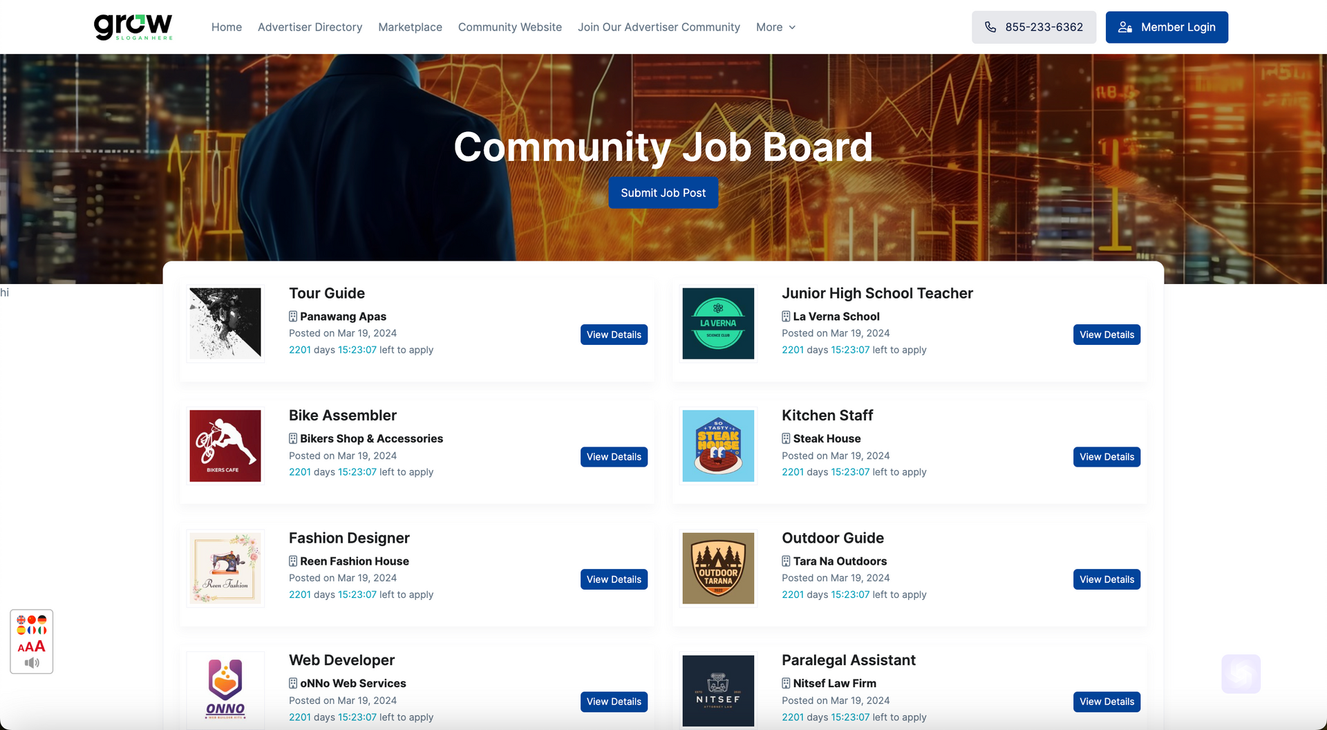 A screenshot of the community job board website