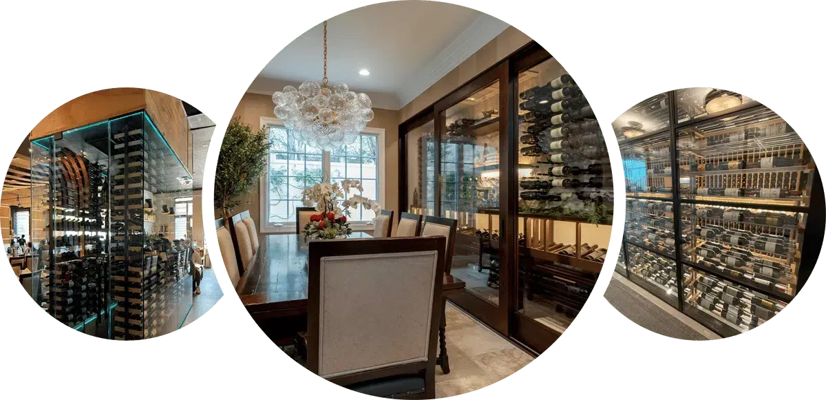 Three circular views of a modern dining room and glass-walled wine cellar