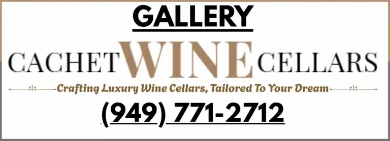Gallery sign for Cachet Wine Cellars with tagline and phone number (949) 771-2712.