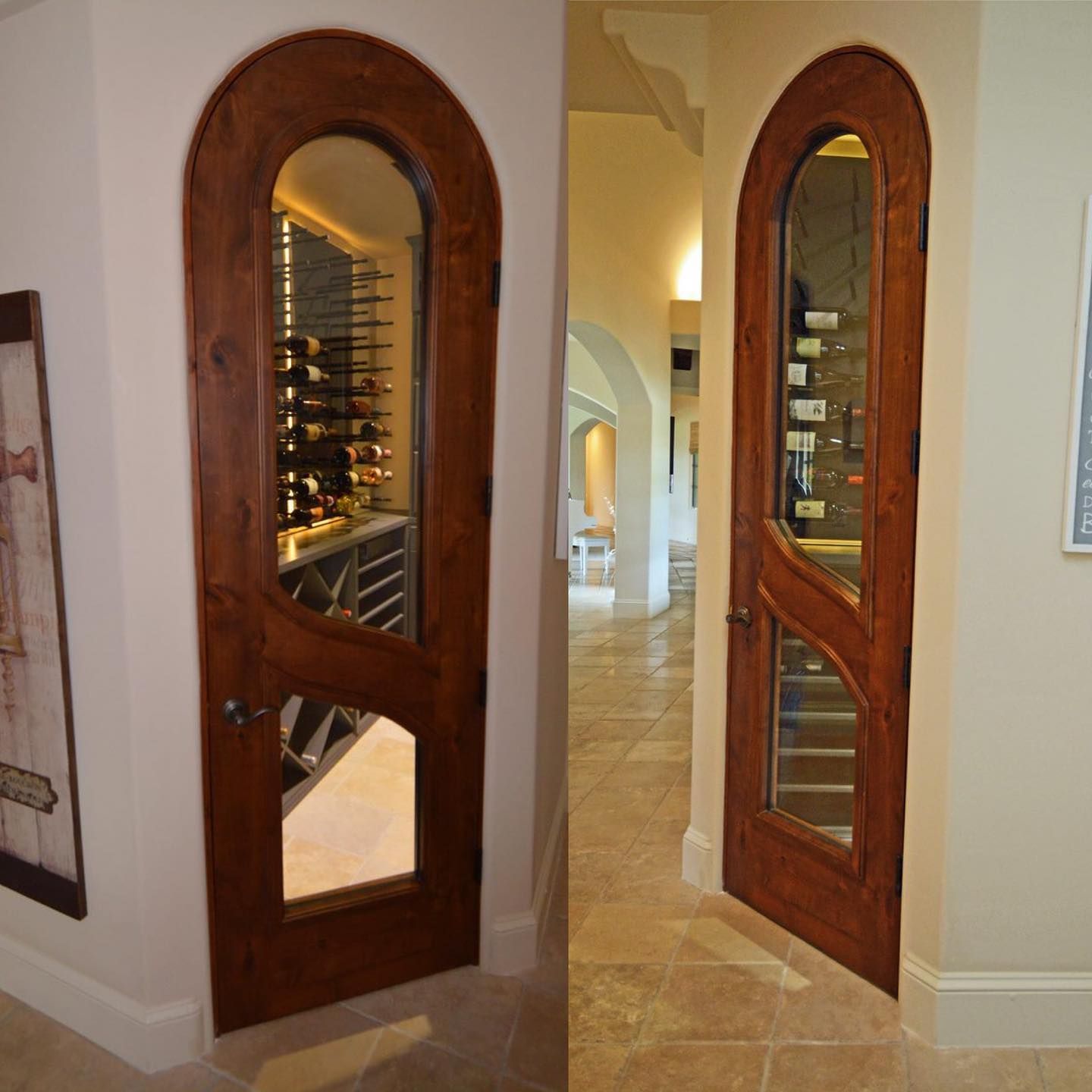 Wooden arched glass door opening to a wine cellar or dining area