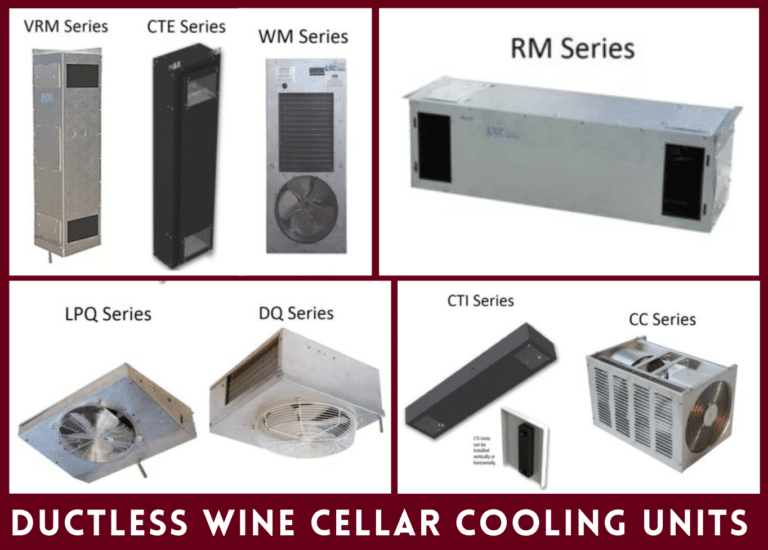Collage of ductless wine cellar cooling units in white, black, and metal finishes, labeled by series.