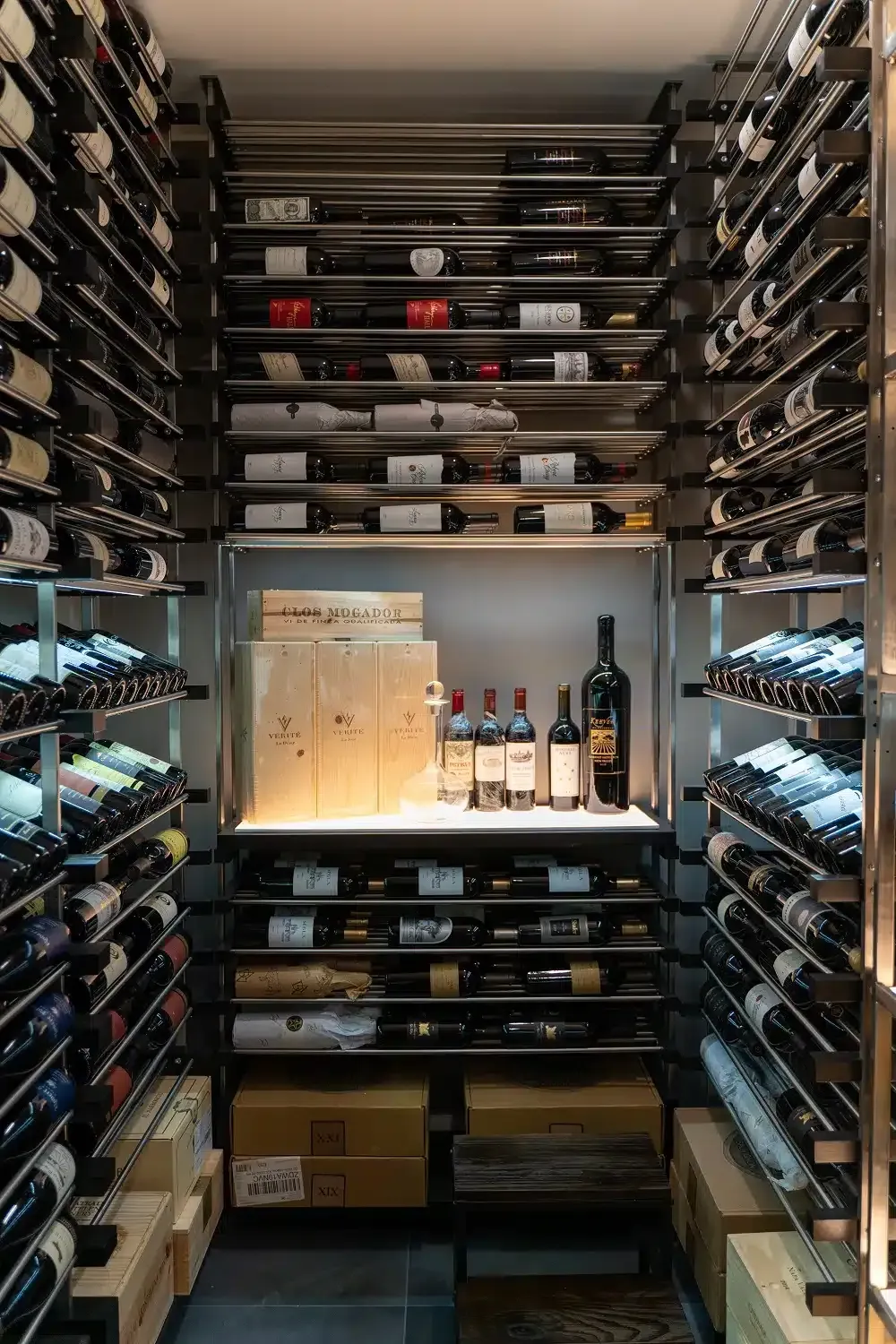 Narrow wine cellar with rows of bottles on both sides and a lit display of bottles and crates at the back