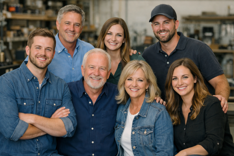 Six smiling adults posing together in denim shirts against a neutral studio background