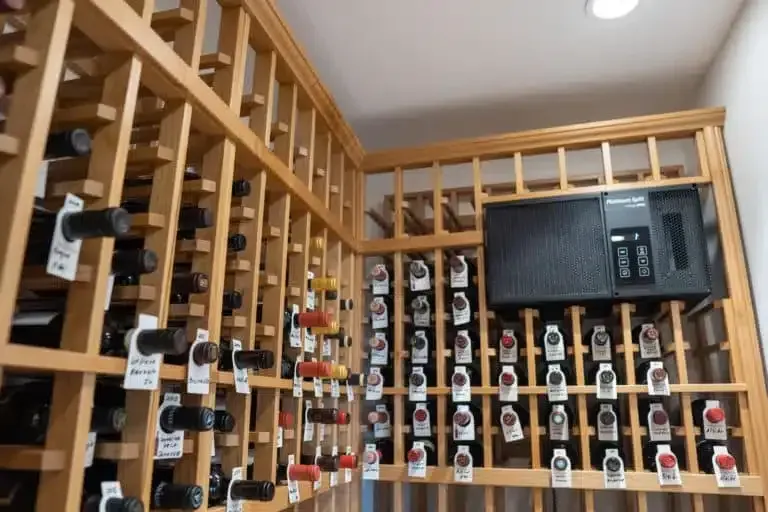 Wooden wine rack cellar with rows of bottles and a small black wall cabinet