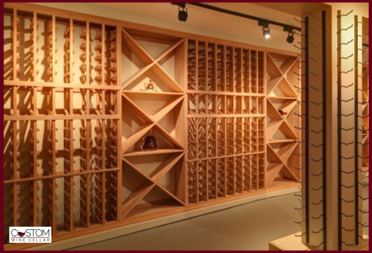 Wooden wine display wall with geometric shelves and warm lighting in a shop interior