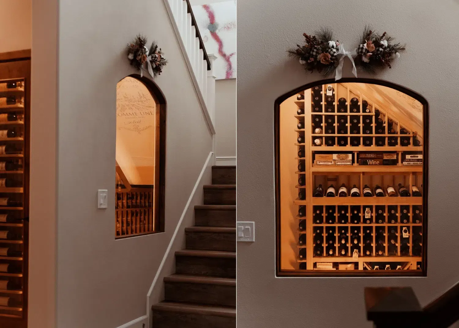Interior stairway with arched wall openings and a wine rack display lit warmly on the right