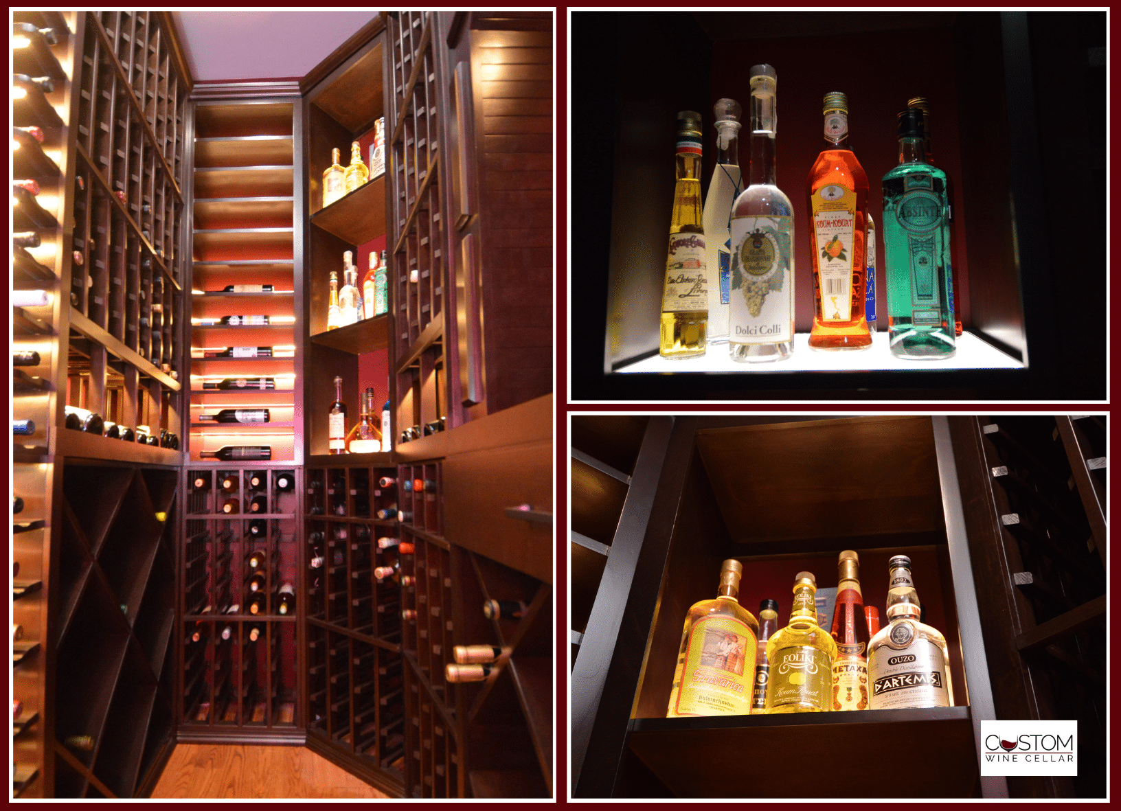 Wine cellar with floor-to-ceiling racks and bottled spirits displayed on shelves