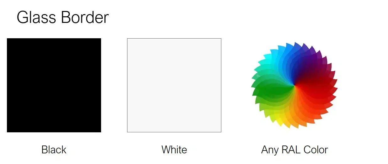 Glass border samples: black, white, and multicolor rainbow options.