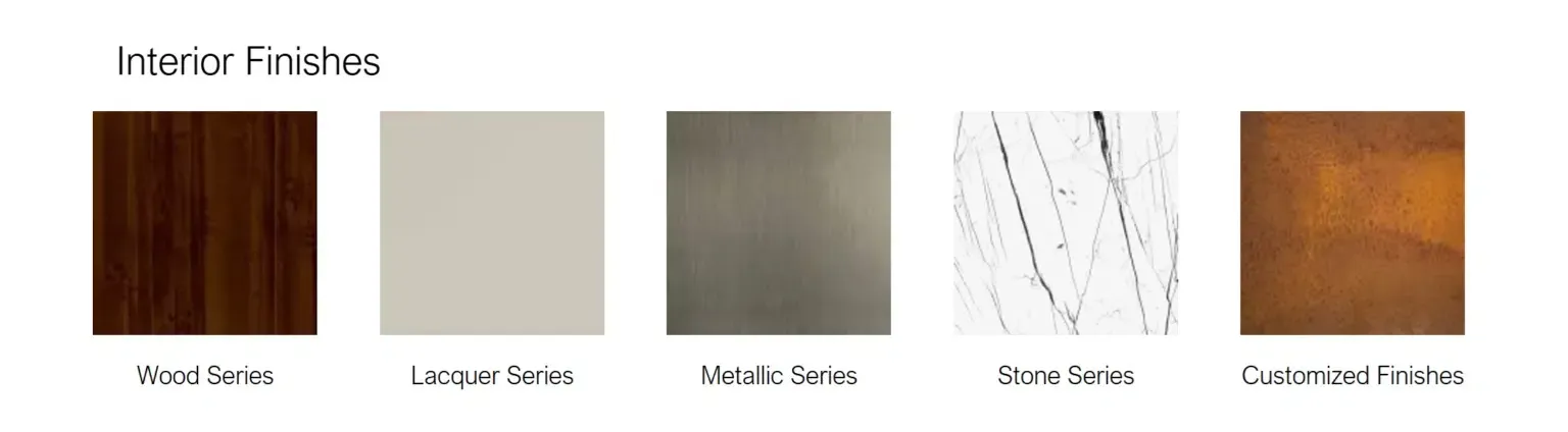 Interior finishes swatches showing five wood and stone-style samples on a white background