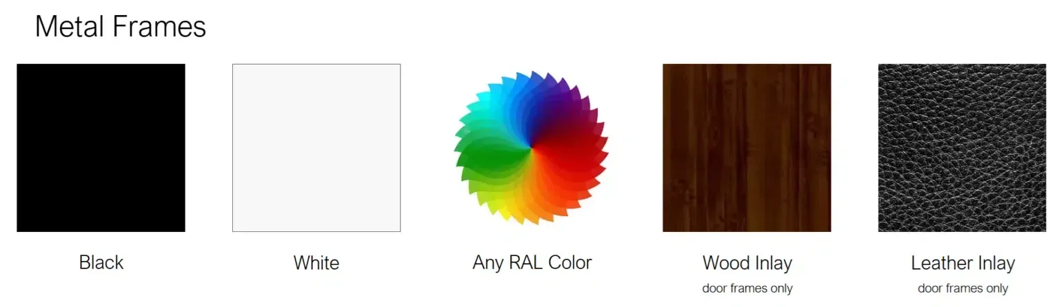 Metal frame finish options: black, white, rainbow color wheel, wood grain, and gray speckle swatches