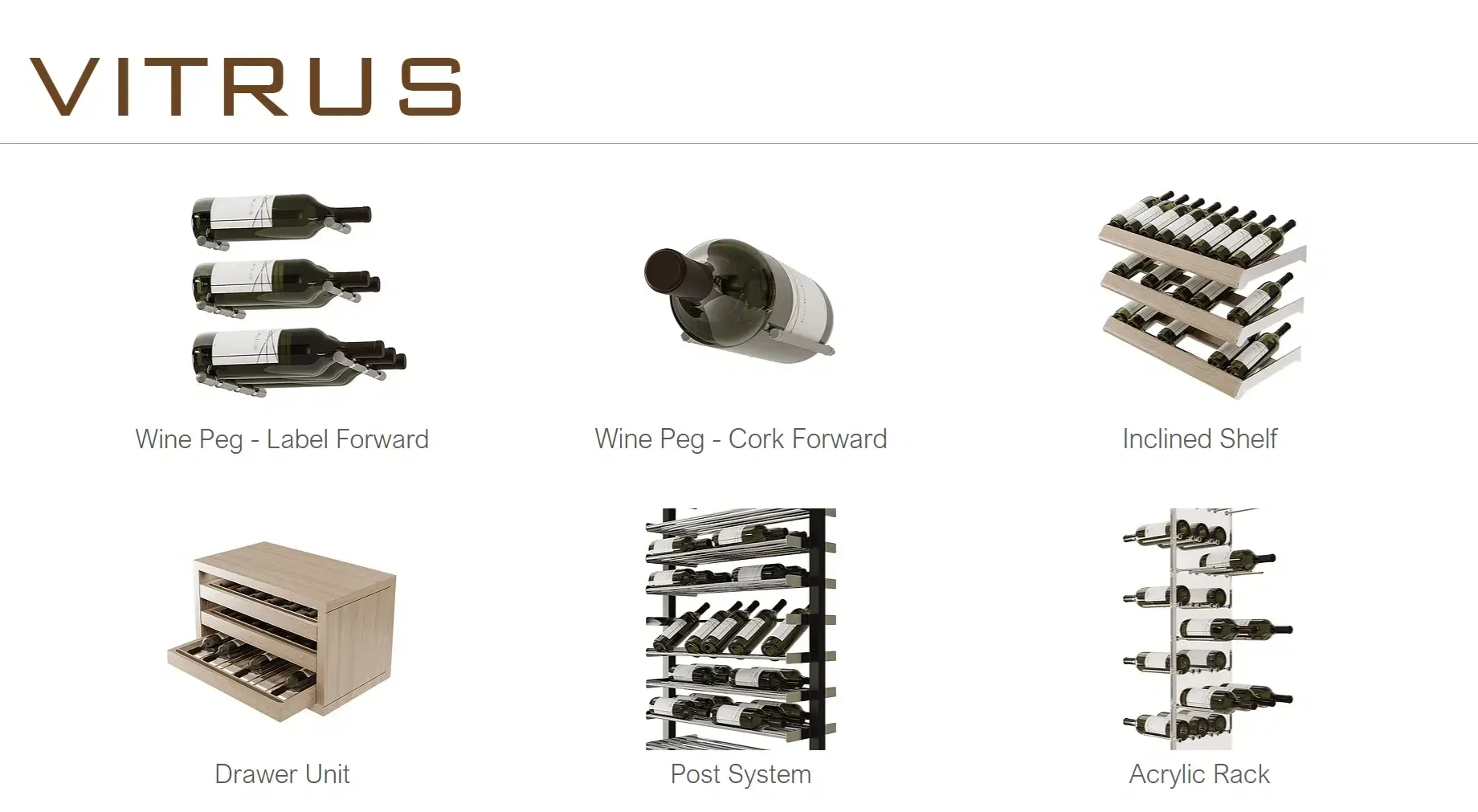 VITRUS product catalog showing multiple metal tool/storage racks on a white background