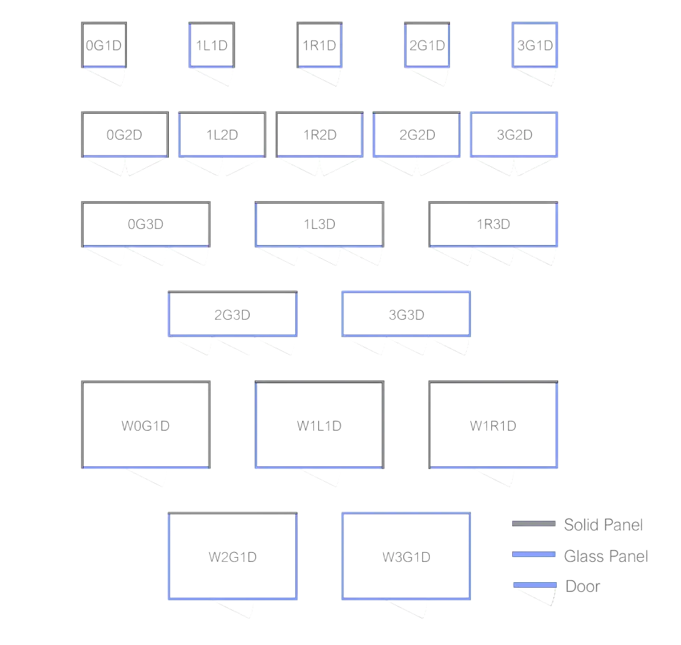 Floor plan diagram with labeled rooms and legend for wall, glass panel, and door types.
