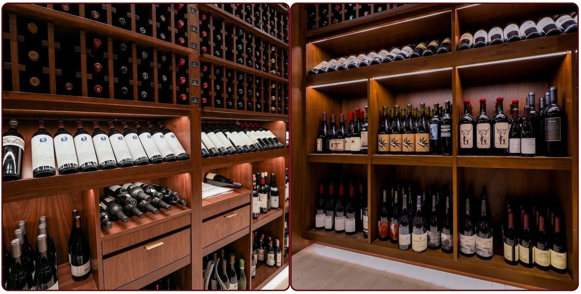 Wine bottles displayed on wooden shelves in a cellar-style wine room
