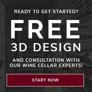Dark promo ad offering free 3D design and consultation with wine cellar experts; red “Start Now” button.