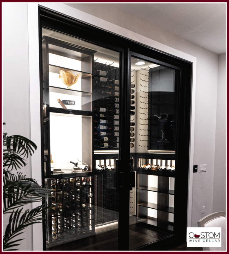 Black-framed glass front door with reflective panels in a modern interior entryway