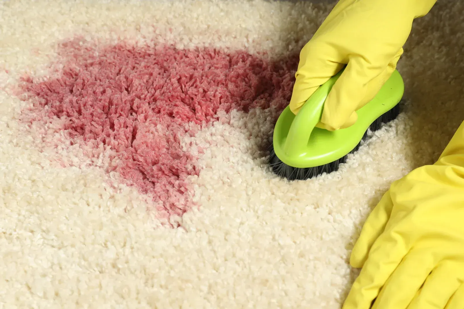 Person in yellow gloves scrubbing a red stain on a white carpet with a green brush.