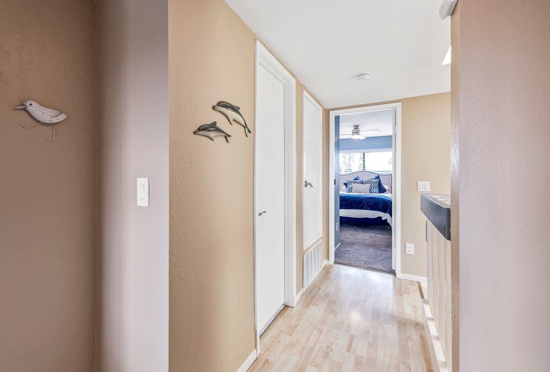 a hallway leading to a bedroom with dolphins on the wall .