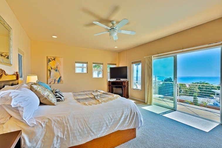 A bedroom with a king size bed , television , sliding glass doors and a view of the ocean.