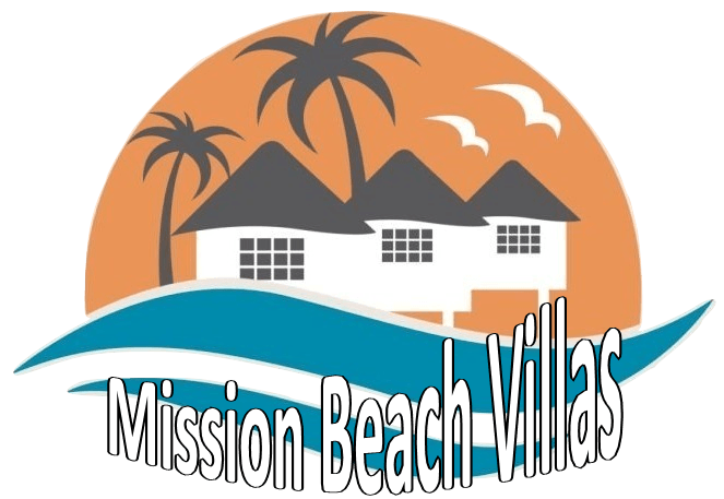 a logo for mission beach villas with a house and palm trees