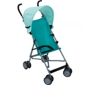 a blue stroller with a canopy on top of it