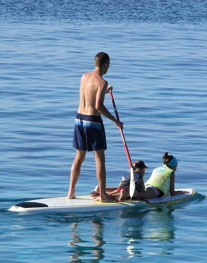 a man and a child are on a paddle board in the water