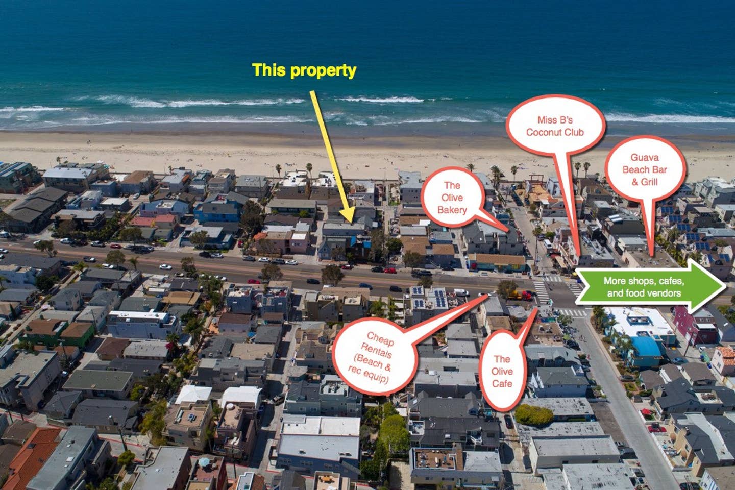 An aerial view of a residential area with a beach in the background