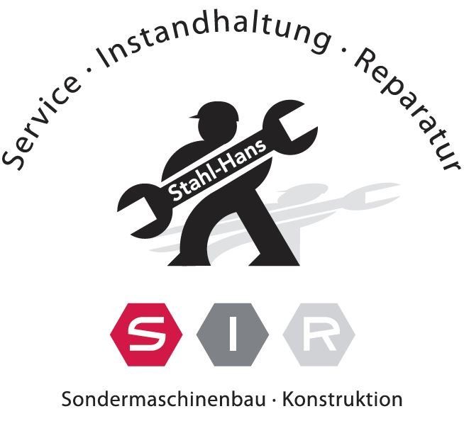 Ein Logo für Sir Sondermaschinenbau Konstruktion zeigt einen Mann mit einem Schraubenschlüssel