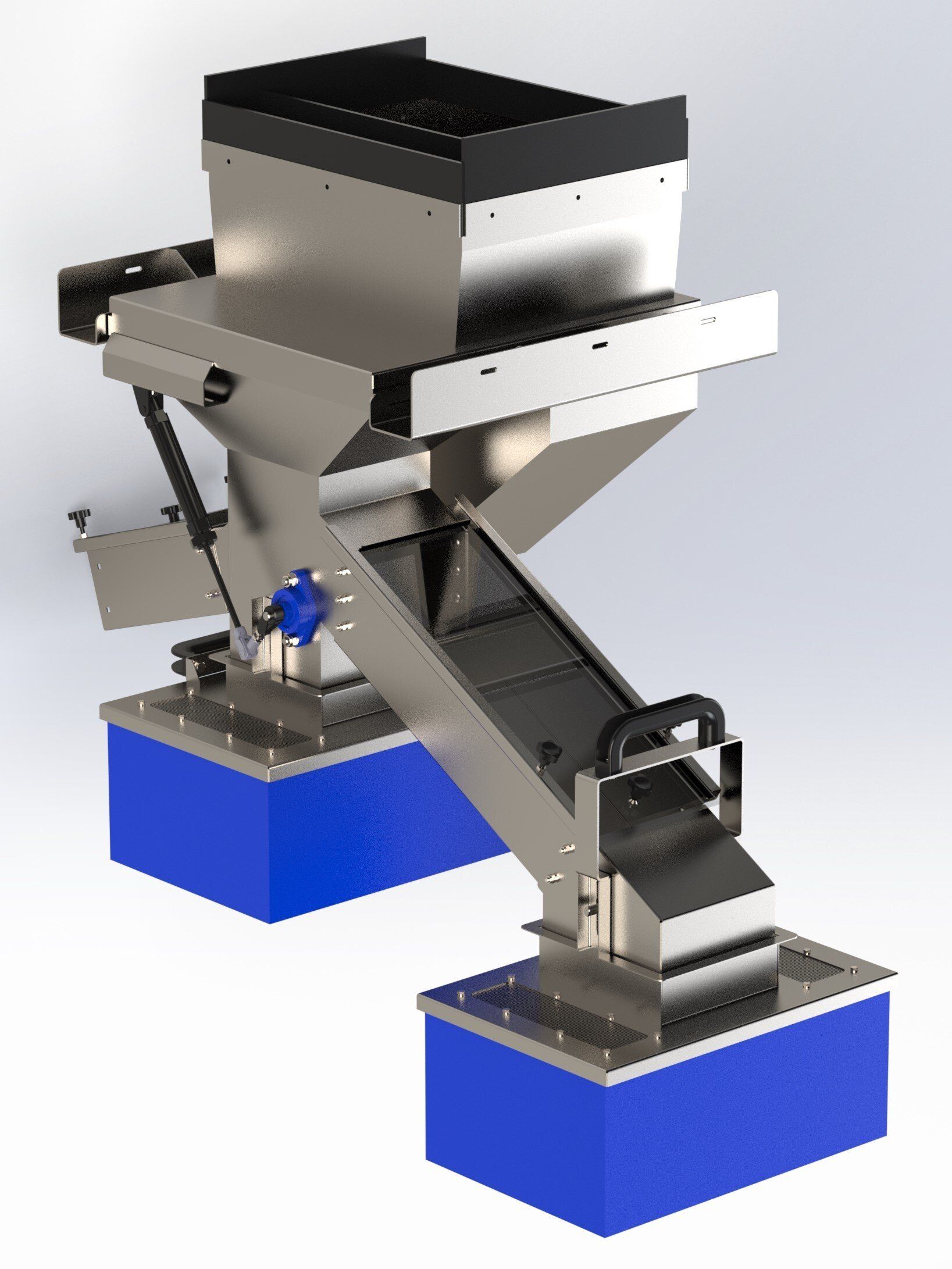 Auf einem blauen Container steht eine Maschine aus Edelstahl.