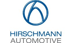 Das Logo von Hirschmann Automotive ist blau und weiß auf weißem Grund.