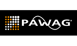 Das Pawag-Logo befindet sich auf einem schwarzen Hintergrund mit orangefarbenen Punkten.