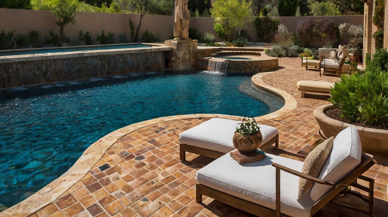 A large swimming pool surrounded by patio furniture and a waterfall.