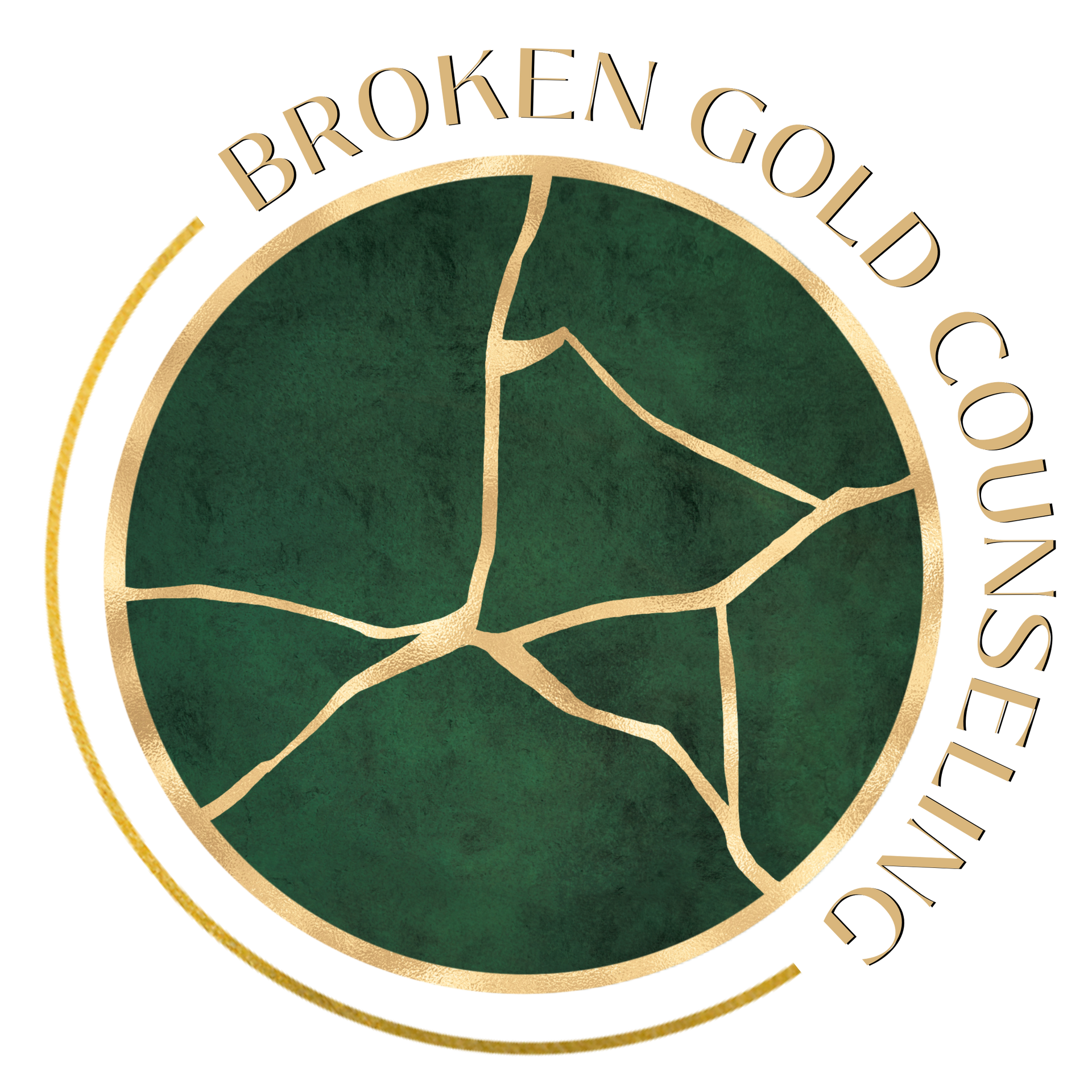 Broken Gold Counselling logo with green cracked circle and gold text around it