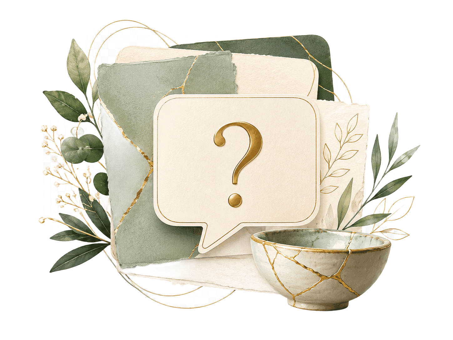 Abstract green and gold question-mark card with leaf accents and decorative bowl