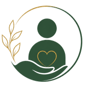 Green circular wellness logo with a person and heart cradled by hands, accented in gold leaves