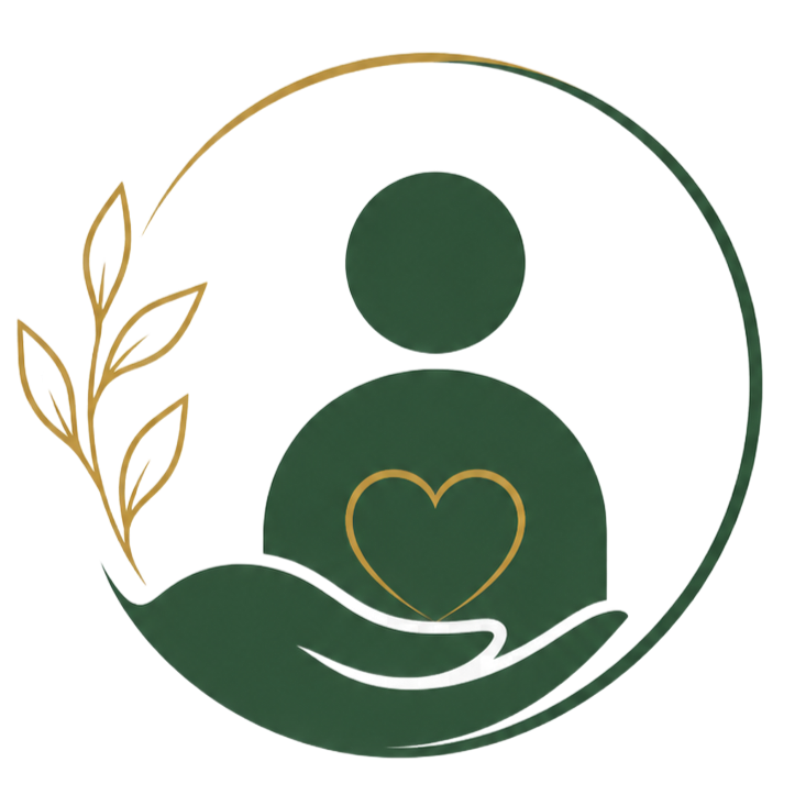 Green circular wellness logo with a person and heart cradled by hands, accented in gold leaves